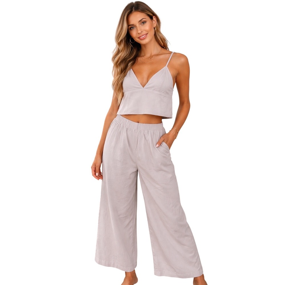 LYR by Splendid Womens Grey Two Piece Crop Top and Wide Leg Pant Lounge Set M